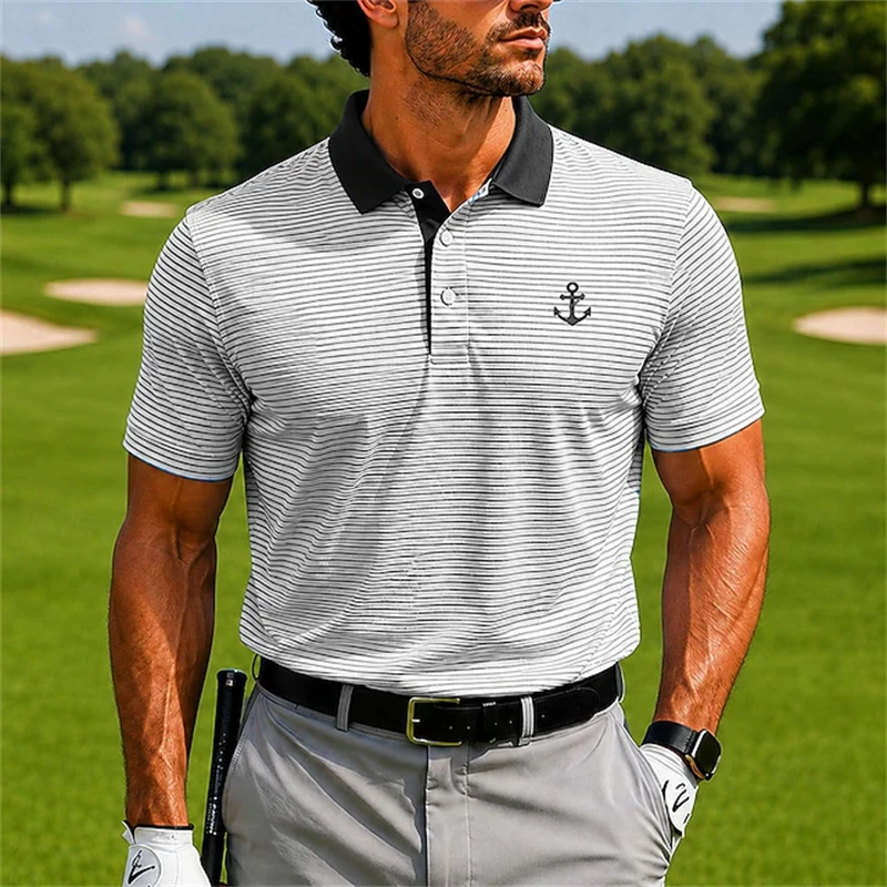 Camisas Polo Casuais Masculinas de Manga Curta, Listradas e Estampadas, Camisetas de Golfe, Camisas Estilo Street, Perfeitas para Férias na Praia