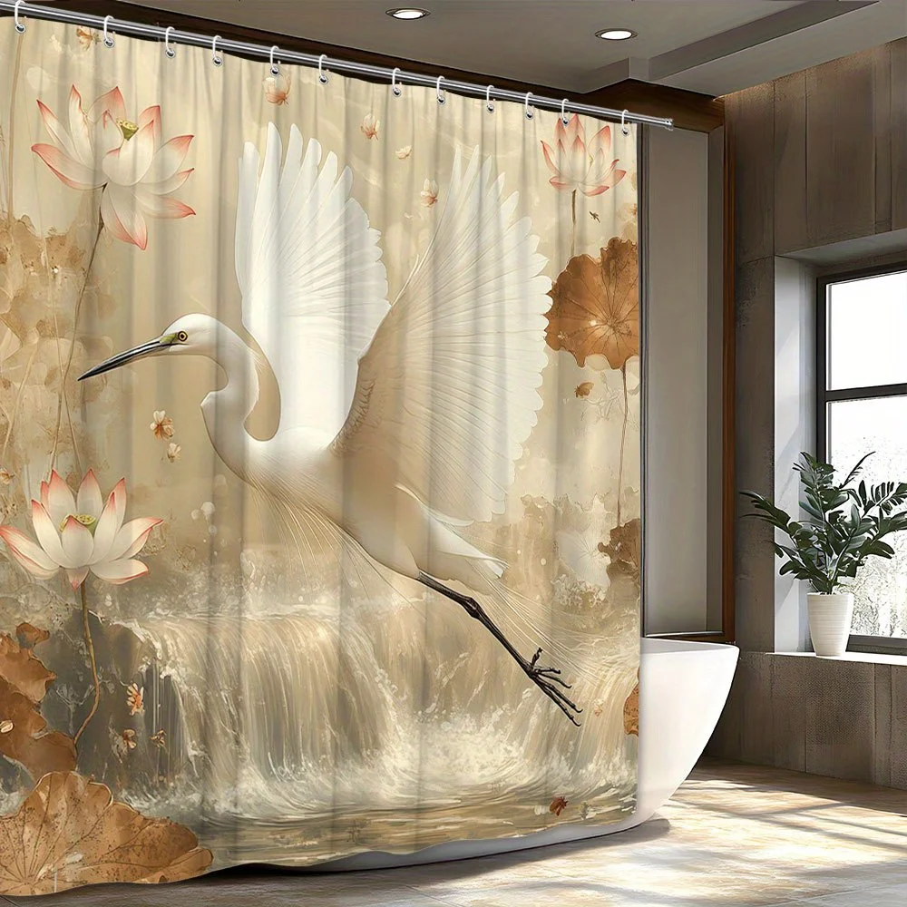 Shower Curtain Chinese Style White Egret and Lotus Print Waterproof Fabric Bathroom Curtains with Hooks Zen Home Decor
