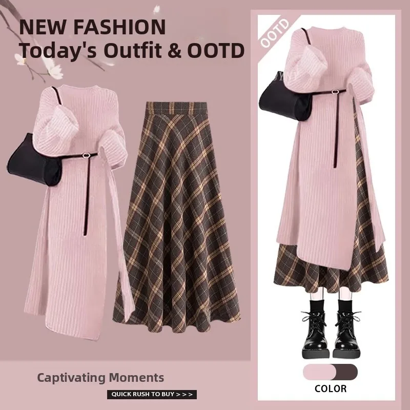 ชุดเซ็ตเสื้อสเวตเตอร์สีแดงสไตล์เกาหลีแบบสบายๆ พร้อมกระโปรงเอวสูงสำหรับผู้หญิง ฤดูใบไม้ร่วง ฤดูหนาว แฟชั่นปีใหม่ ชุดสองชิ้น เสื้อแขนยาว