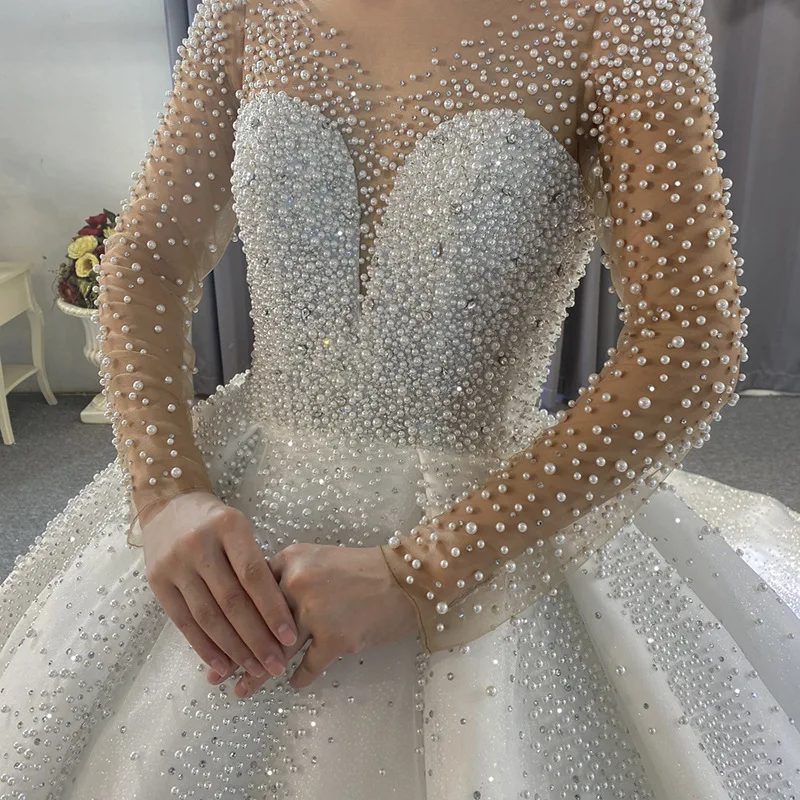 Maßgeschneiderte Luxus-Perlen Sweetheart Langarm Brautkleider A-Linie Glänzender Tüll Hochzeitskleider Übergröße 2026 Vestido De Noiva – Detail 3