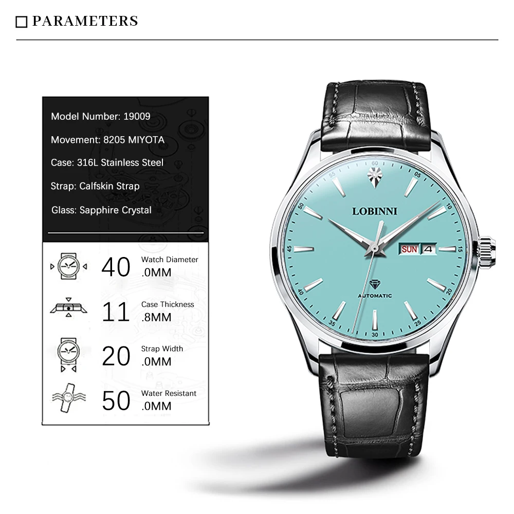 LOBINNI Orologi automatici da uomo 40mm Orologio da polso meccanico di lusso Luminoso 50M Impermeabile Zaffiro Chiusura a farfalla Miyota 8205