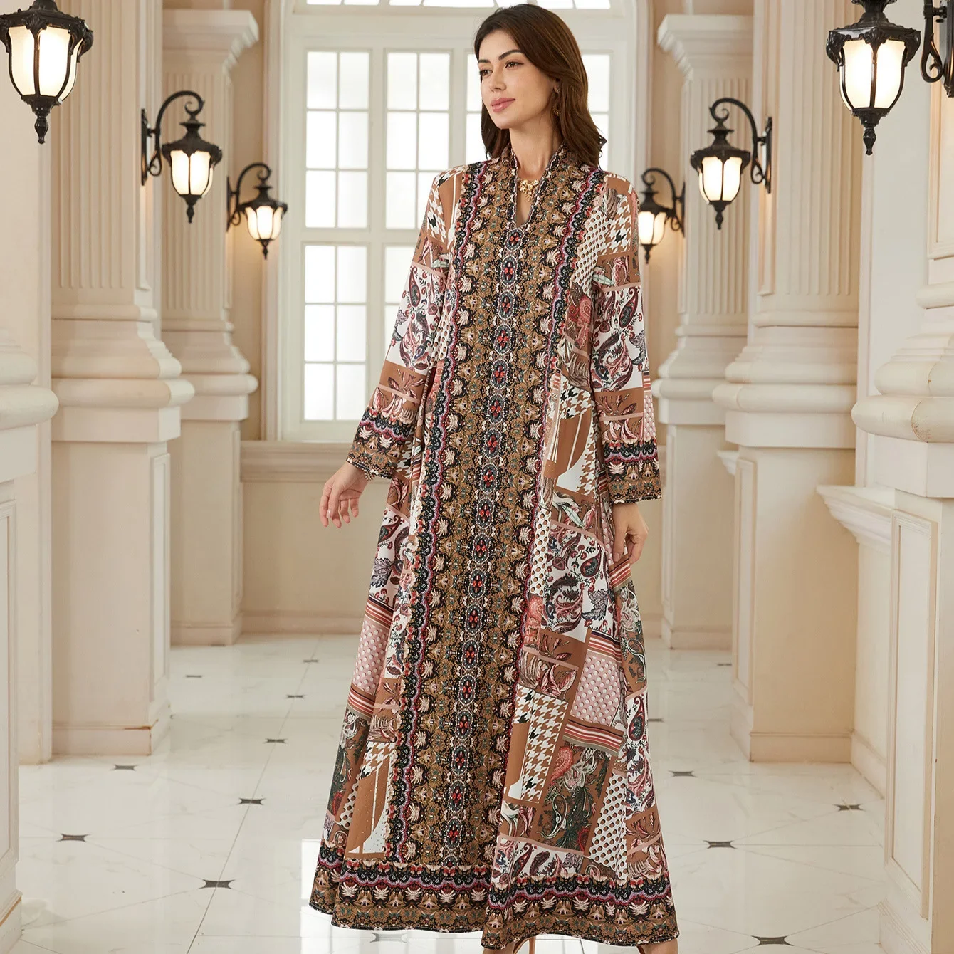 

Ид праздничное платье Абая женское с v-образным вырезом Джалабия с принтом мусульманское Дубай Vestidos Largo Рамадан Марокко Молитва Кафтан Халат Абая 2026