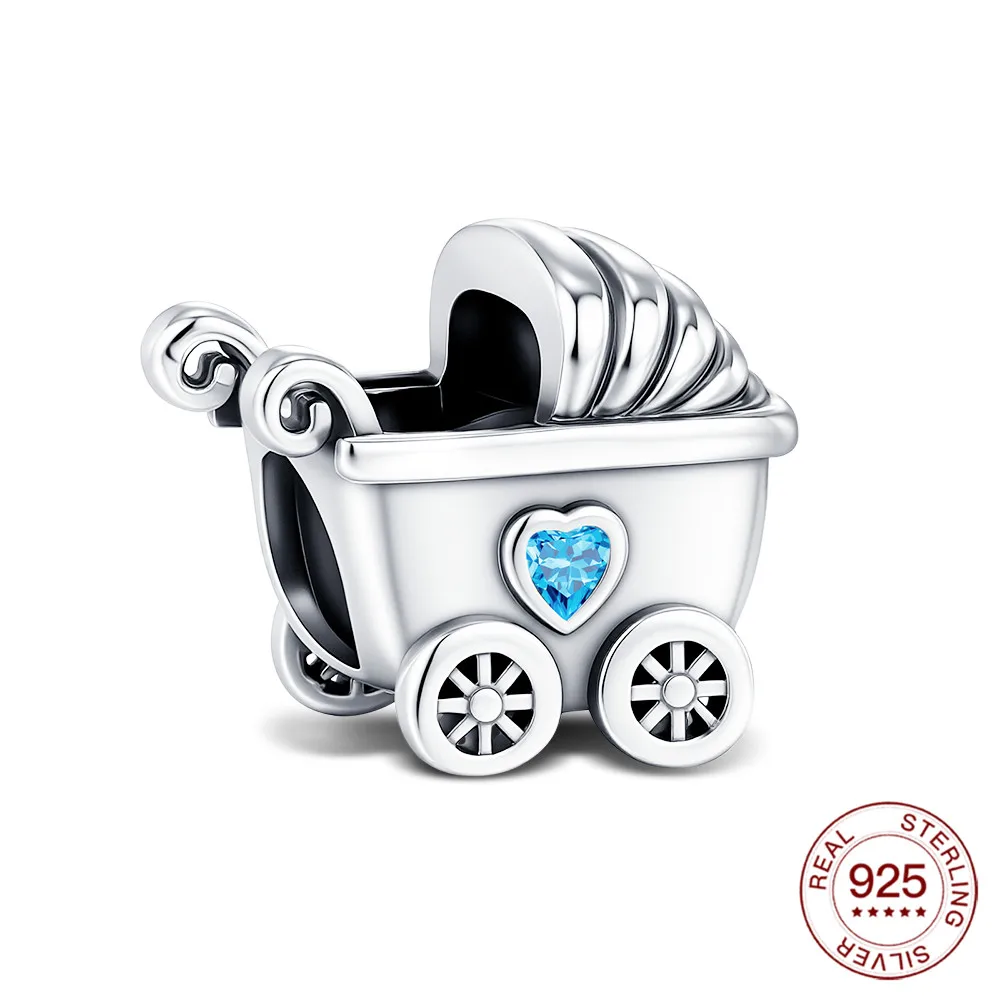 Neue 925 Sterling Silber Blaue Kinderwagen-Charm-Perlen Anhänger Schmuck Passend für Original 925 Armband für Frauen DIY Geschenk Schmuck