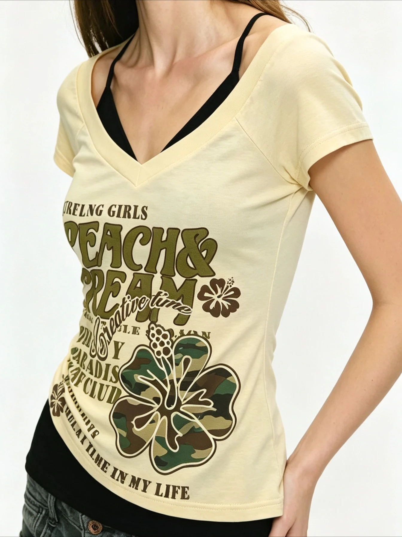 Y2K Millennial Hottie Neck V-neck T-shirt American Vintage Print Slim Short Sleeve One Shoulder Fake Two Tops Female
