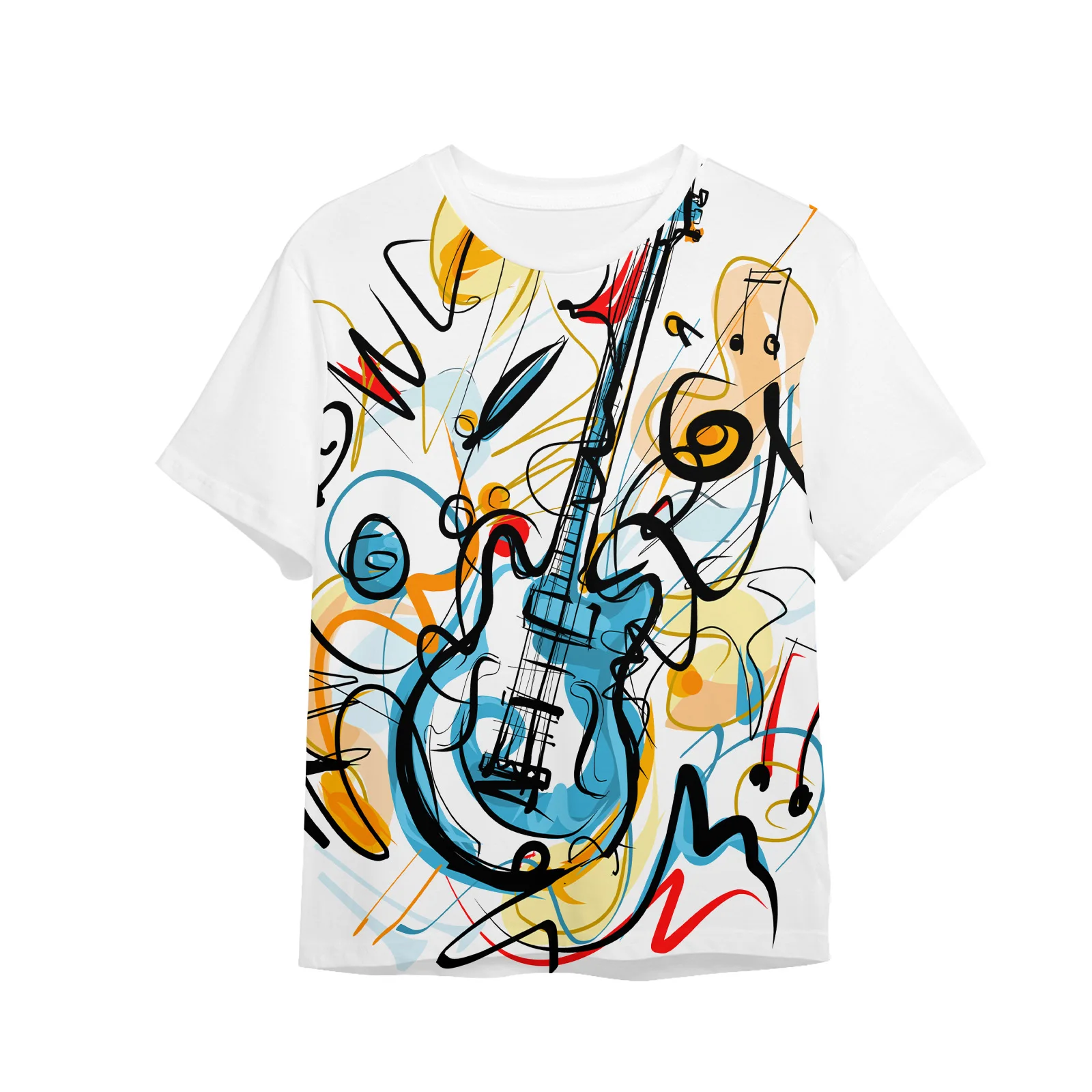 

Fseonihk Summer Women's Short Sleeved Round Neck Off Shoulder T-shirt Creative Electric Guitar Graffiti Trendy American T-shirt