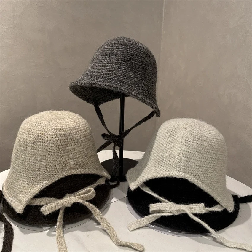Women's Fall/Winter Knit Wool Hat, Large Head Circumference, Black Fisherman's Hat with Drawstring and Slit