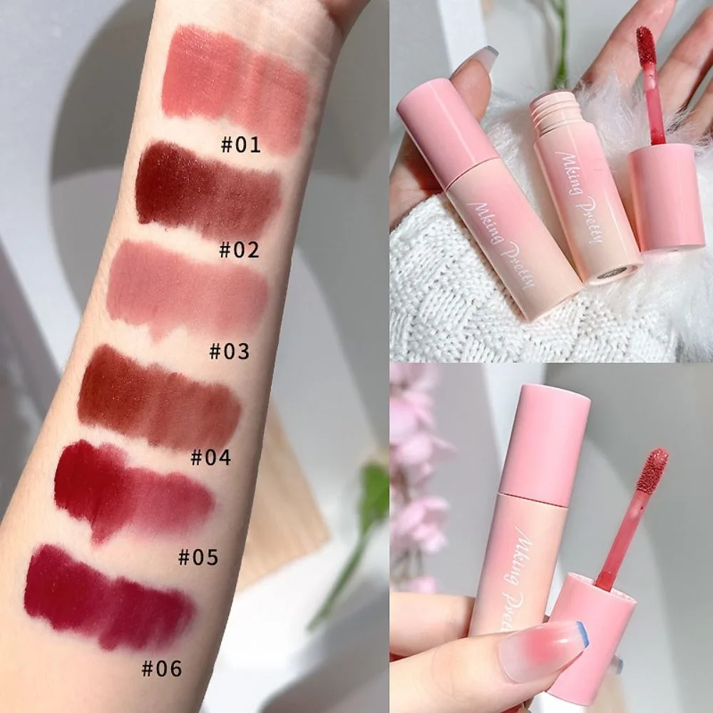 Natural 6 cores veludo lábio esmalte de longa duração à prova dwaterproof água fosco lipgloss copo antiaderente ferramenta de maquiagem batom lama feminino