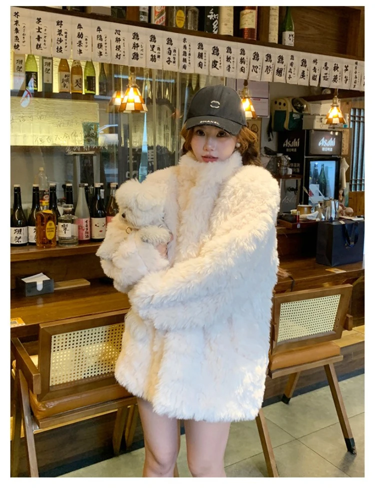 Y2k Streetwear elegante tuta sportiva a punto aperto autunno inverno pelliccia sintetica cappotti da donna colletto alla coreana manica lunga cappotto di media lunghezza spesso