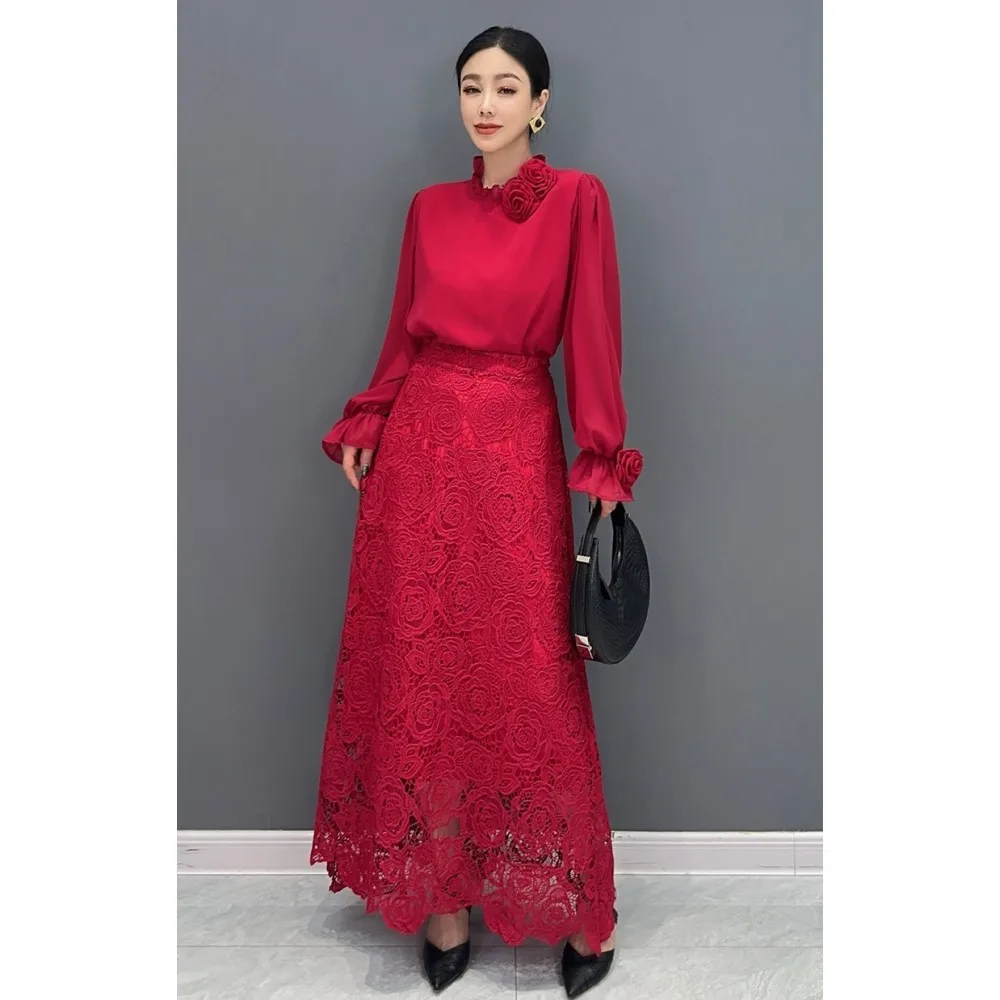 

2024 Spring Autumn New Fashionable Trendy 3D Relief Long Sleeve Top + Irregular Skirt Two Piece Set Women Red Dress Set LX1752