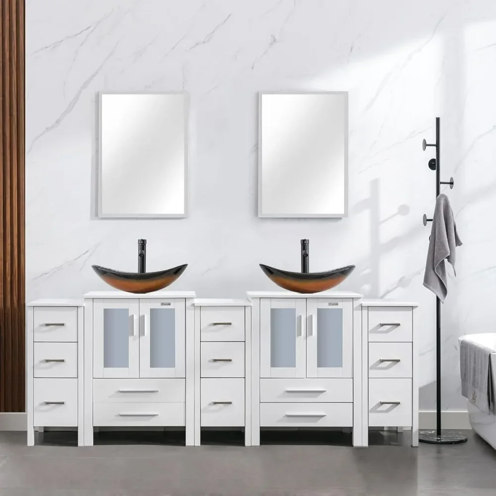 

84" Modern Bathroom Vanity Sink Combo White W/Small Side Cabinets Brown Boat Glass Vessel Sink & Water Save Faucet &Pop Up Drain