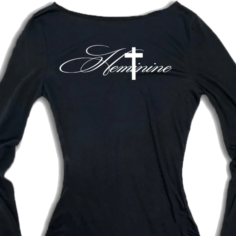 Y2K Harajuku Esthétique Gothique Fairycore T-shirt À Manches Longues Caractère Slim Chic Imprimé Décontracté Haut Court Grunge Punk Hip Hop Streetwear