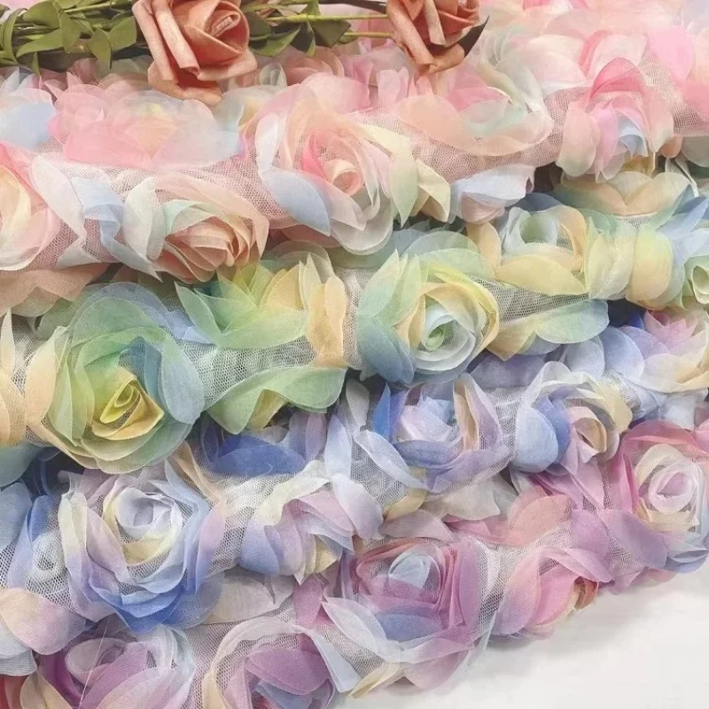 Luxury Pink Chiffon Material with 3D Floral Embroidery for Fashion and Display