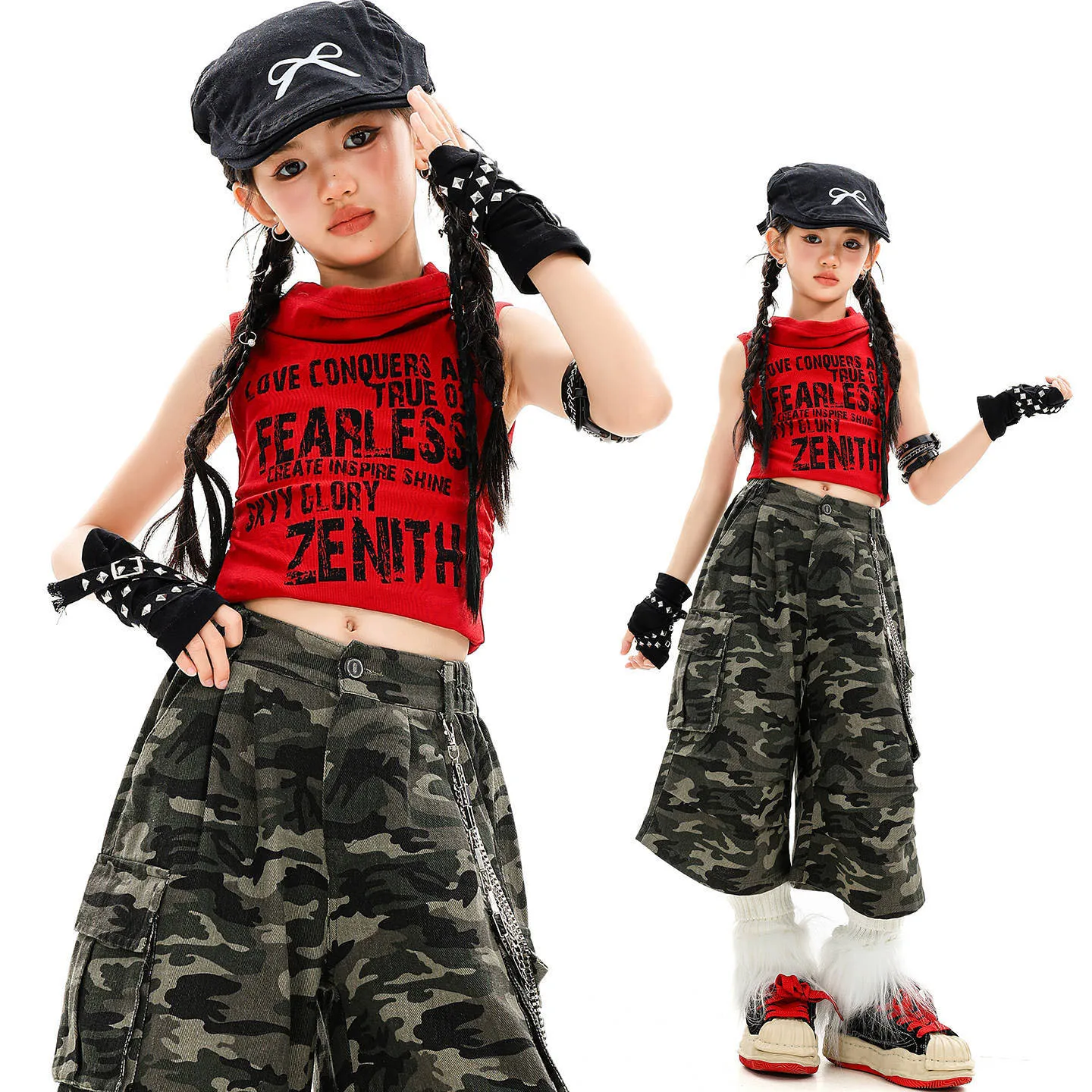 

Kid Hip Hop Clothing Red Ruched Crop Hoodie Tank Top Camo Parachute Cargo Shorts Middle Pants for Girls Dance Costumes Clothes