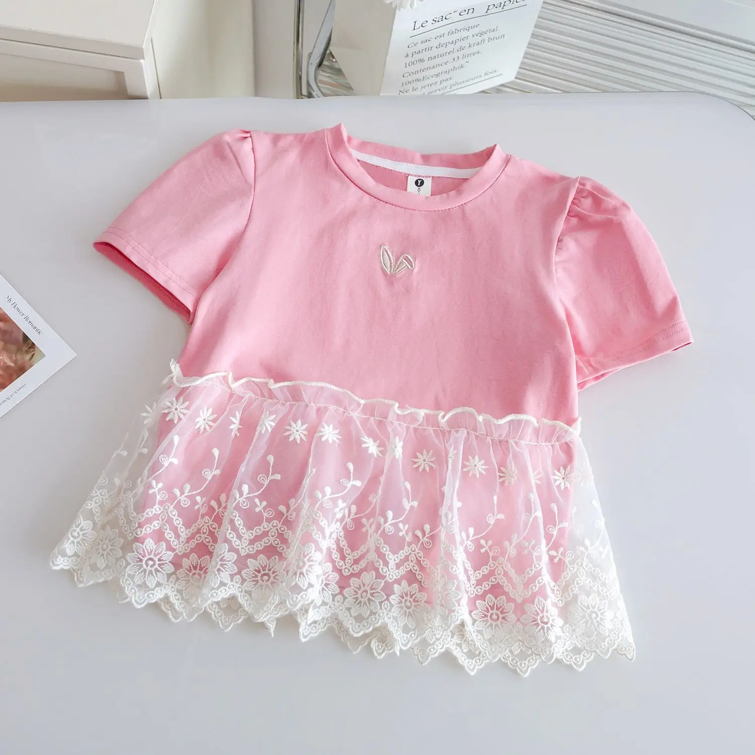 2025 Summer New Short Sleeved Top with Lace Splicing Sweet Cute and Fashionable Korean Style Western Skirt