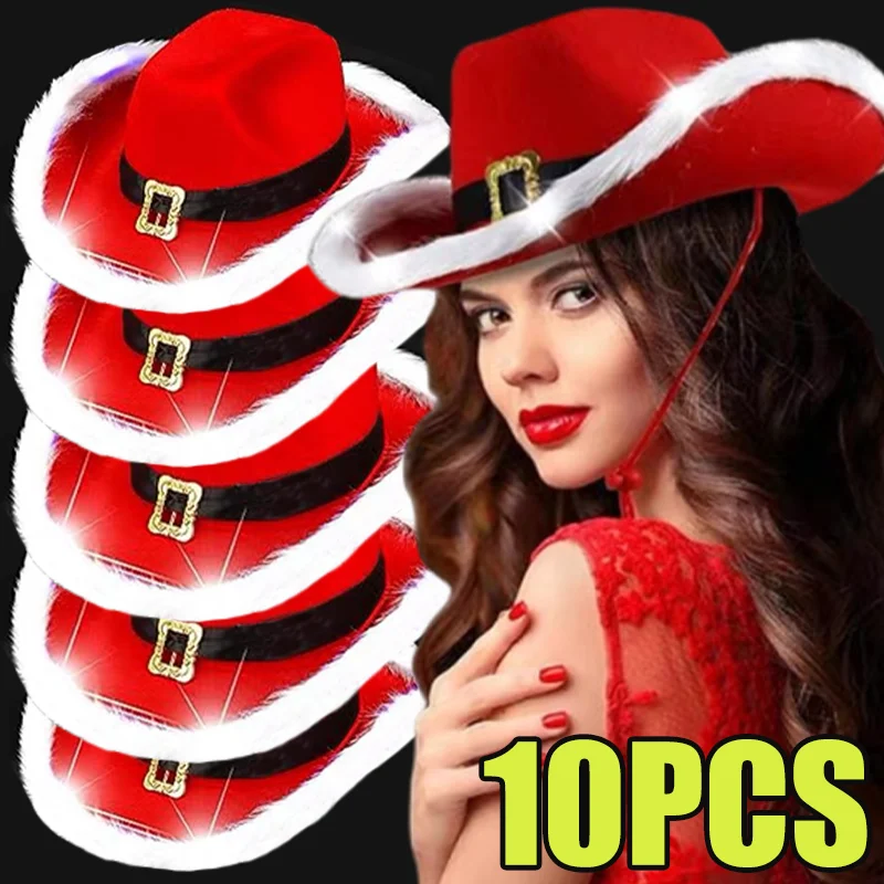 Christmas Red Cowboy Hat Winter Women Girls Feather Black Belt Soft Hats Adjustable Comfortable Luminous Santa Cap New Year Gift