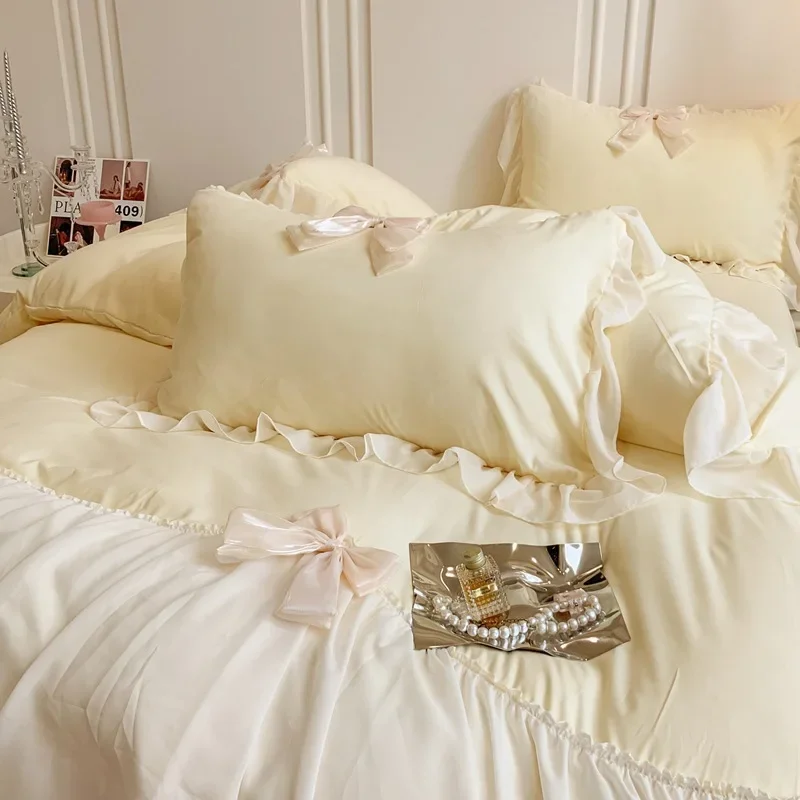 Girl princess wind polished lace four-piece set super soft pleated chiffon bow bed sheet kit bedding 5