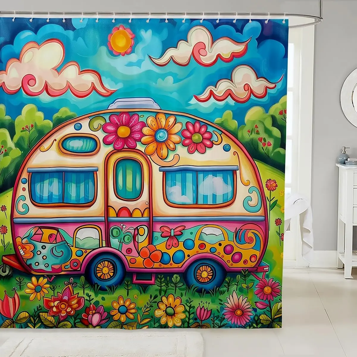 Cortina de Ducha con Diseño de Arcoíris y Remolque Airstream, Estilo Boho, para Baño, con Estampado de Caravana
