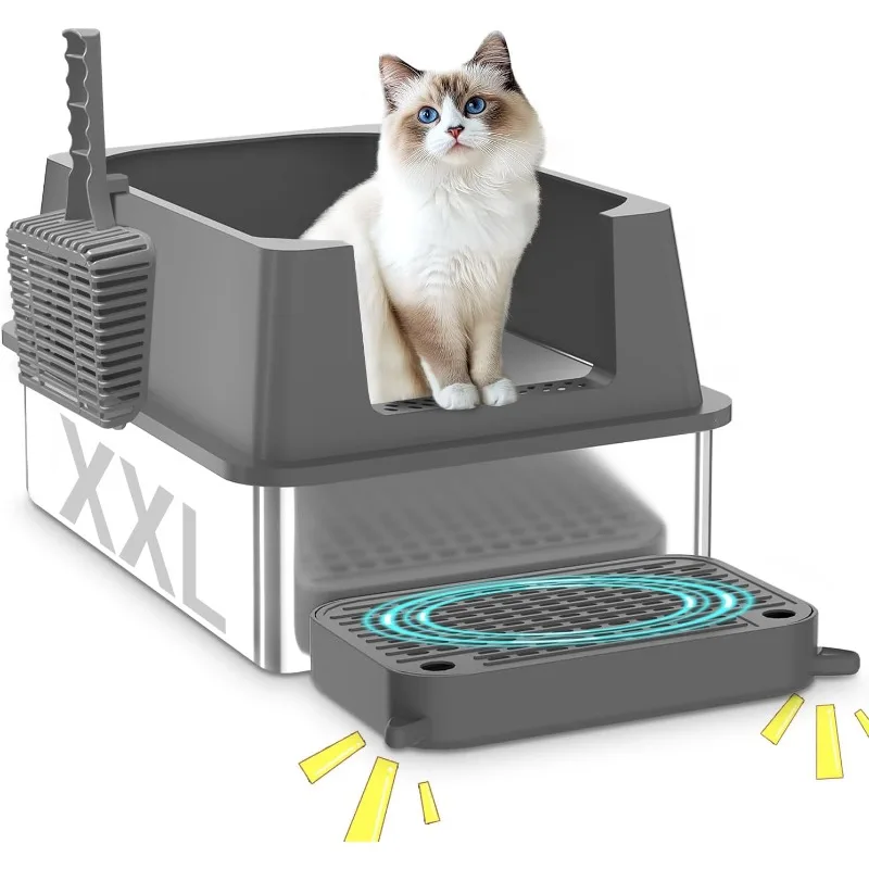 

Large Stainless Steel Cat Litter Box with High Sided Walls for Big Cats, Anti Urine Leakage, Odorless and Easy Cleaning, for
