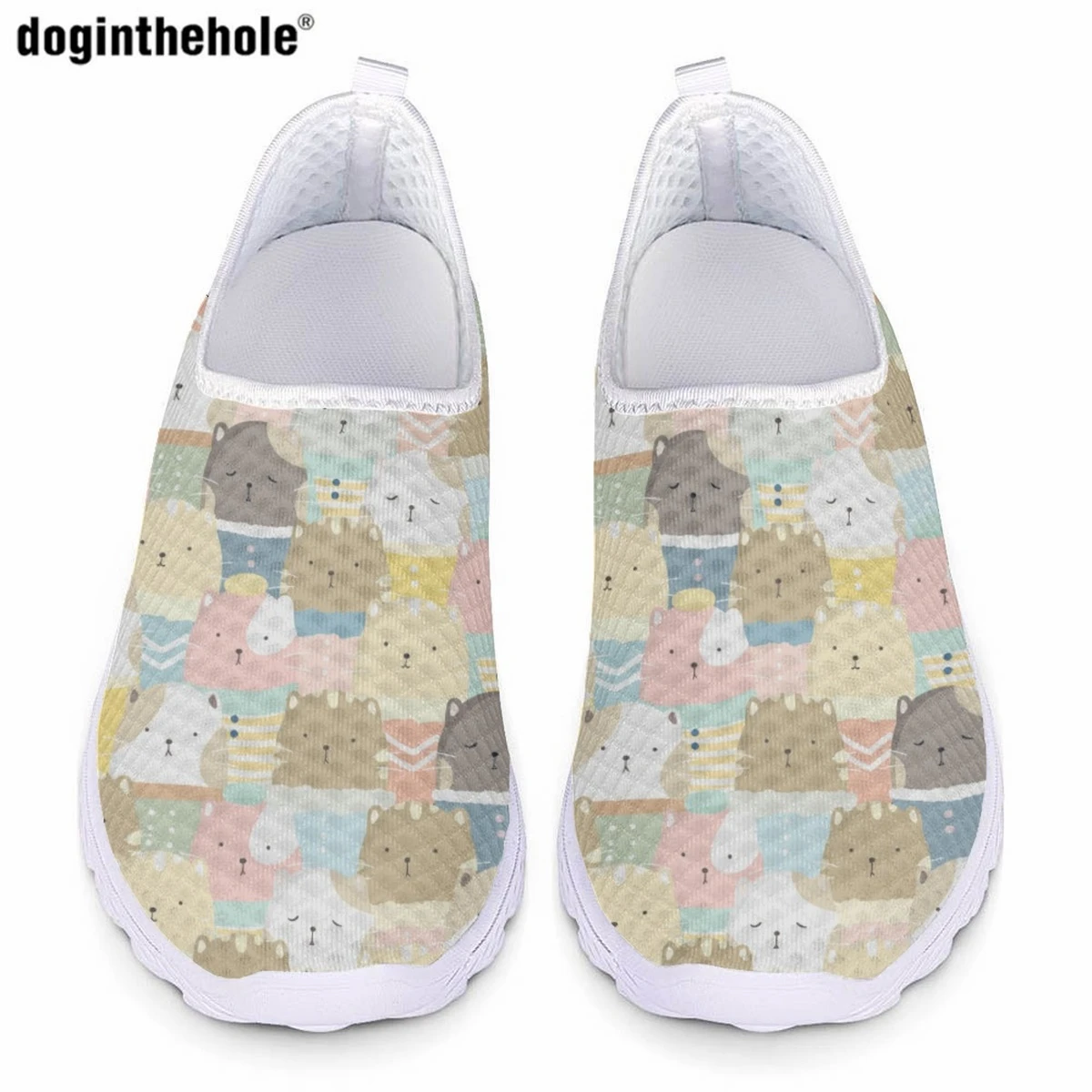 Doginthehole desenhos animados gato impressão design sapatos casuais para as mulheres verão respirável malha plana sapatos confortáveis luz sapatos de enfermagem