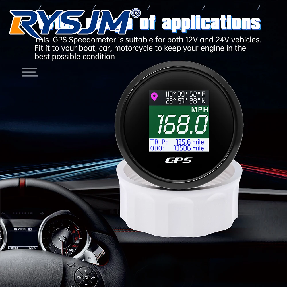 

2-дюймовый (52 мм) GPS-спидометр с TFT-экраном, антенной GPS, одометром, счетчиком пробега и держателем для автомобиля, лодки, мотоцикла, 12В/24В