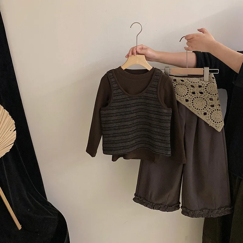 

Girls Set 2025 Autumn Spring Korean Style Fashion Trendy Vintage Long Sleeve Top Striped Vest Casual Pant Three Piece Set