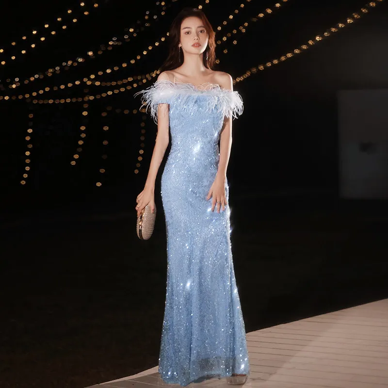 

New Evening Dress Sequins Feathers Boat Neck Simple Luxurious Floor-Length Short Sleeves Mermaid Woman Formal Party Gown A2544