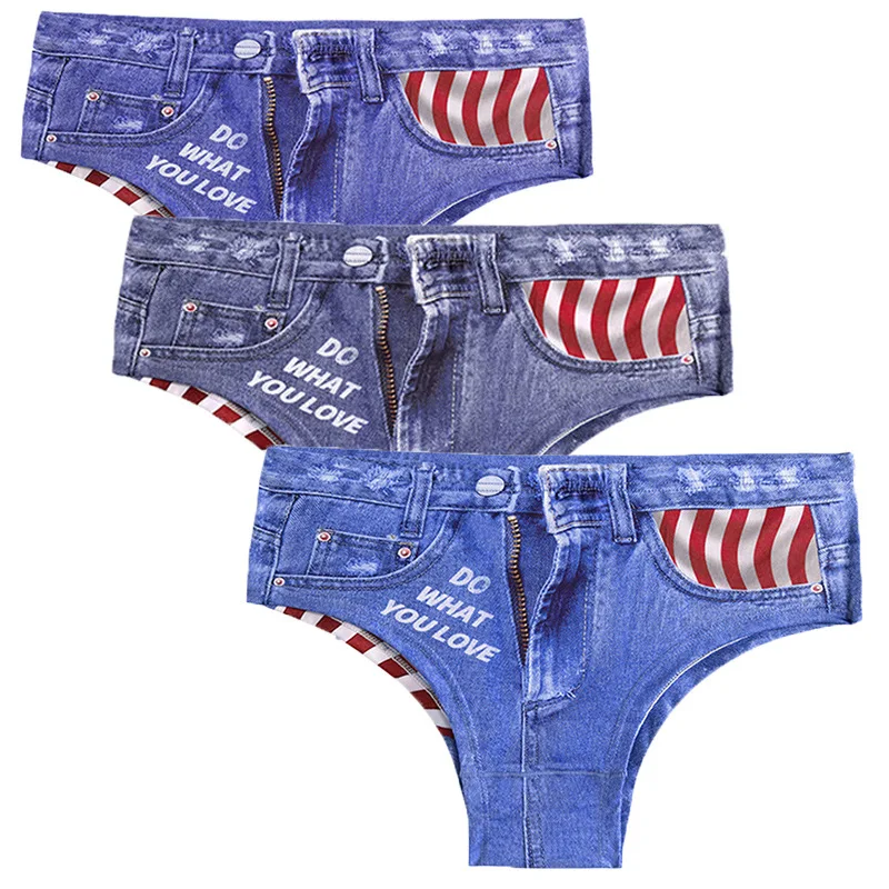 

Amazing Imitation Sexy Underwear 3D Printed Denim Breathable Thin Briefs Women's Jean Style Ice Silk Panties Knickers Lingerie
