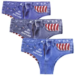 Amazing Imitation Sexy Underwear 3D Printed Denim Breathable Thin Briefs Women's Jean Style Ice Silk Panties Knickers Lingerie