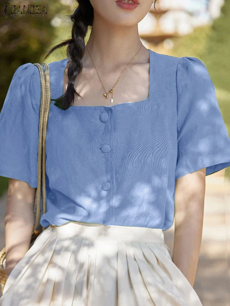 

Casual Short Sleeve Blusas Solid Square Neck Blouses Women Tops ZANZEA 2025 Summer Tunic Oversized Loose Vintage Pullover