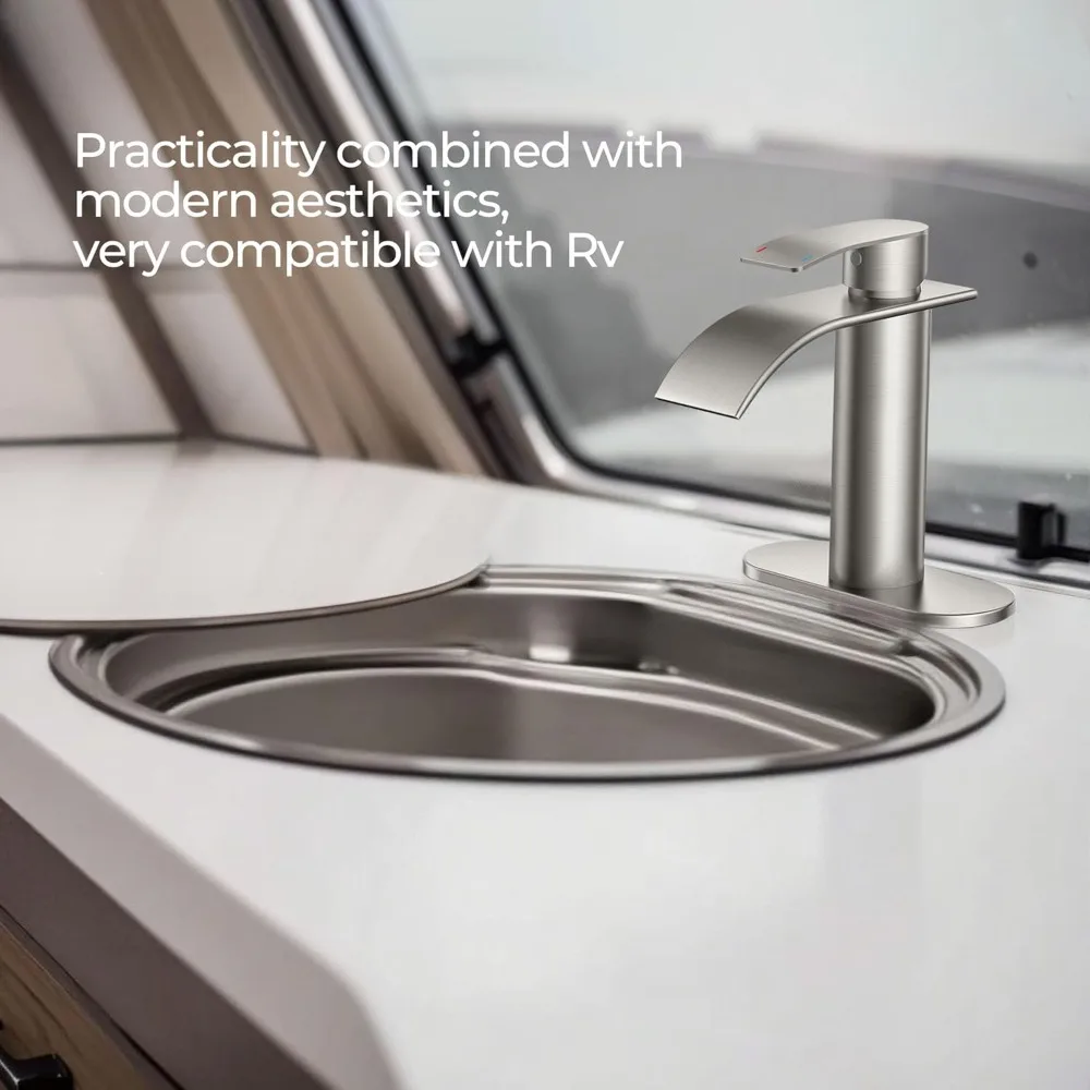 Waterfall Bathroom Faucet Brushed Nickel Single Handle with Anti-Splash Design & Metal Drain for Vanity Sink