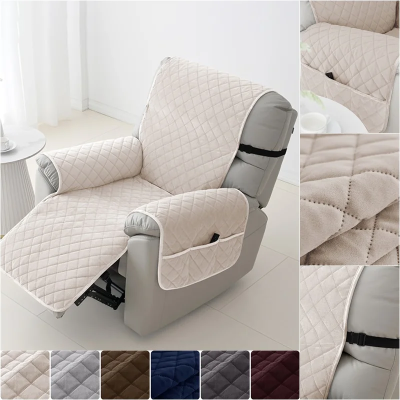 1Seater Recliner Sofa Cover with Pockets Dutch Velvet Armchair Cover Non-Slip Elastic Strap Sofa Slipcover for Living Room