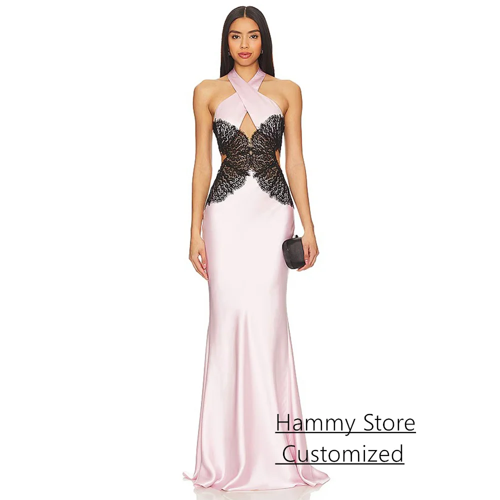 

Sexy Mermaid Evening Dress Customized Halter Sleeveless Open Back Sweep Train Lace Arabian Party Gown Dancing Prom Gown