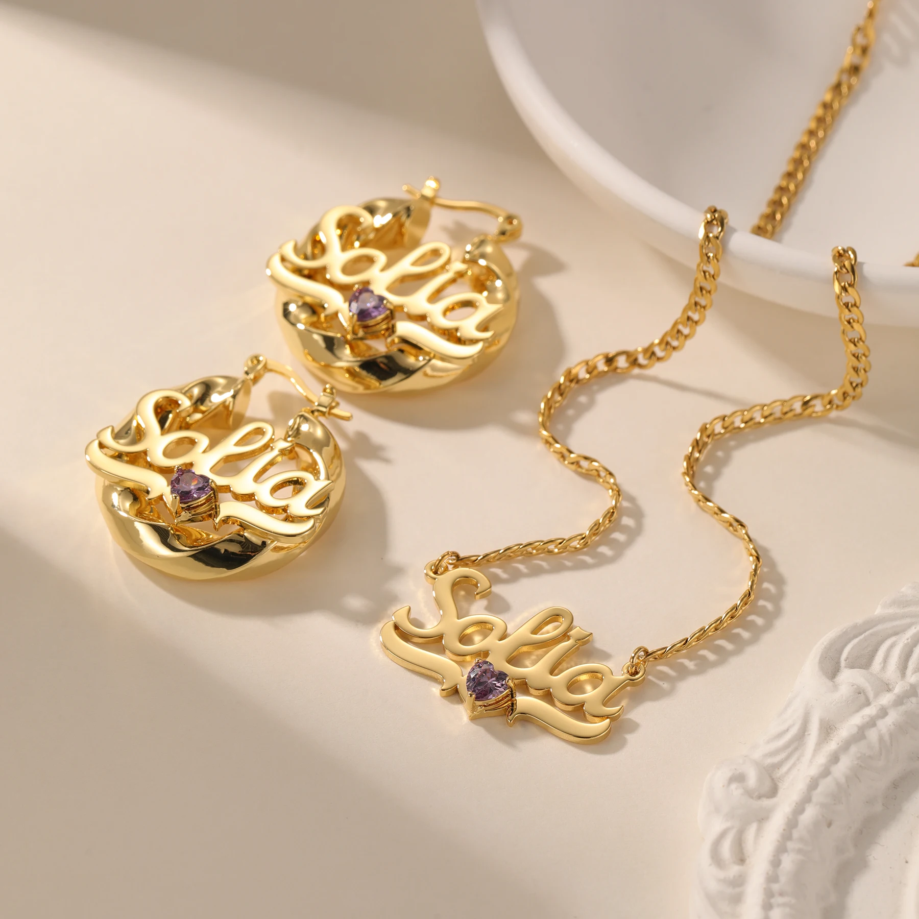 

Qitian Customized Name Birthstone Necklace Personalized Custom Earrings Sets 18k Gold Plating Jewelry Set For Women Bday Gift