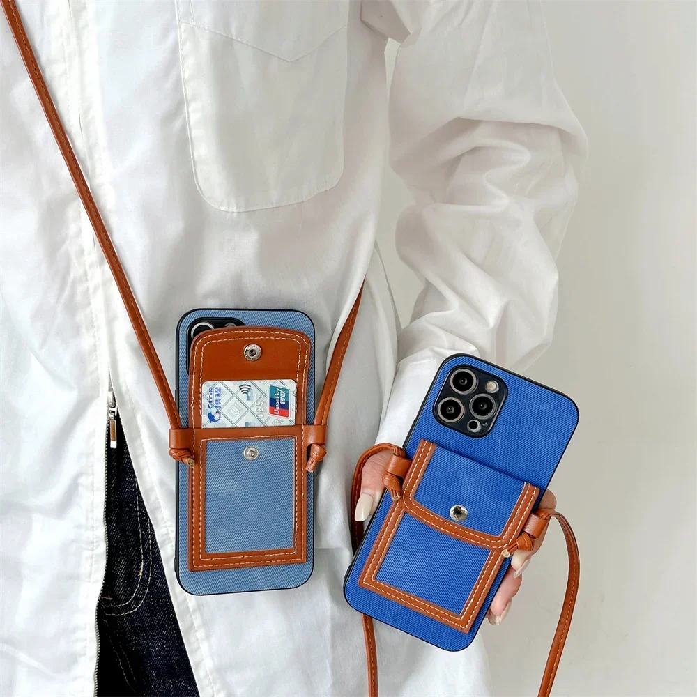 Denim Cowboy Crossbody Phone Case for iPhone 13 12 Mini 11 Pro XS Max XR X 8 7 SE 2 3 Card Holder Shoulder Lanyard Leather Cover