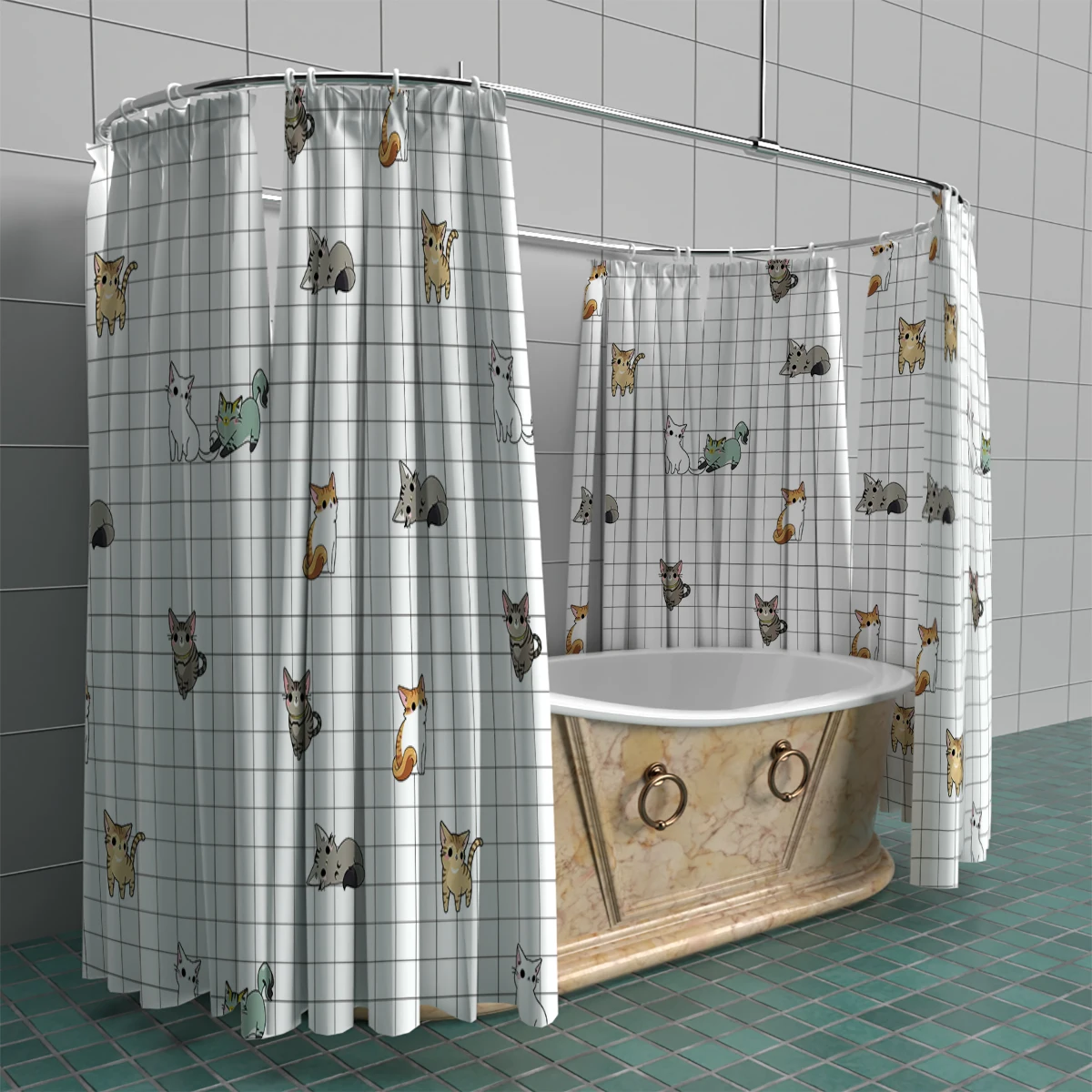 1PC, 180x180cm bathroom polyester shower curtain, mold resistant and waterproof, perforated with hooks, small square, cat