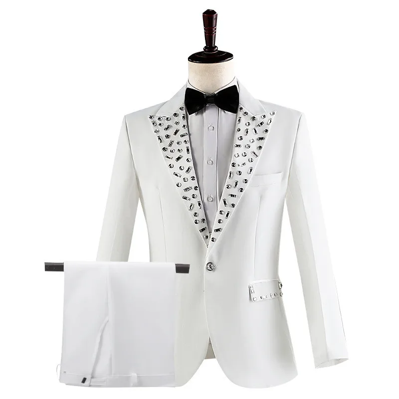 Men\'s Solid Color Formal Suit Wedding Dinner Party Tuxedo Pants 2 Piece Set Rhinestones Collar Slim Blazer Trousers Chorus Suits