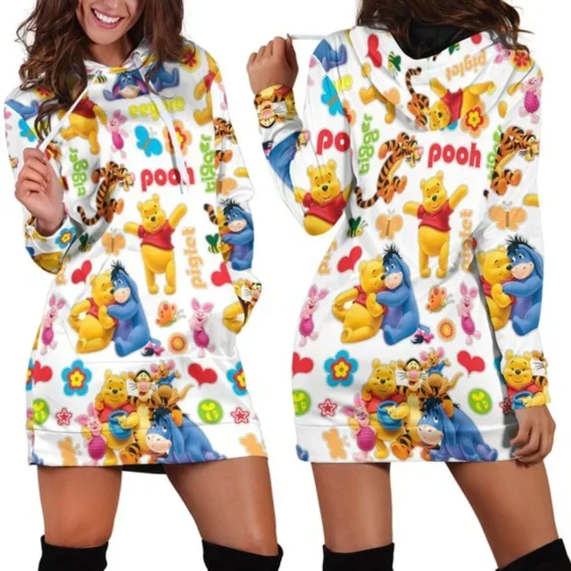 Disney Winnie the Pooh Piglet Y2k Hoodie Dress Sweater Fashion Dress Sweatshirt Dress 3d Allover Printed Hoodie for Women