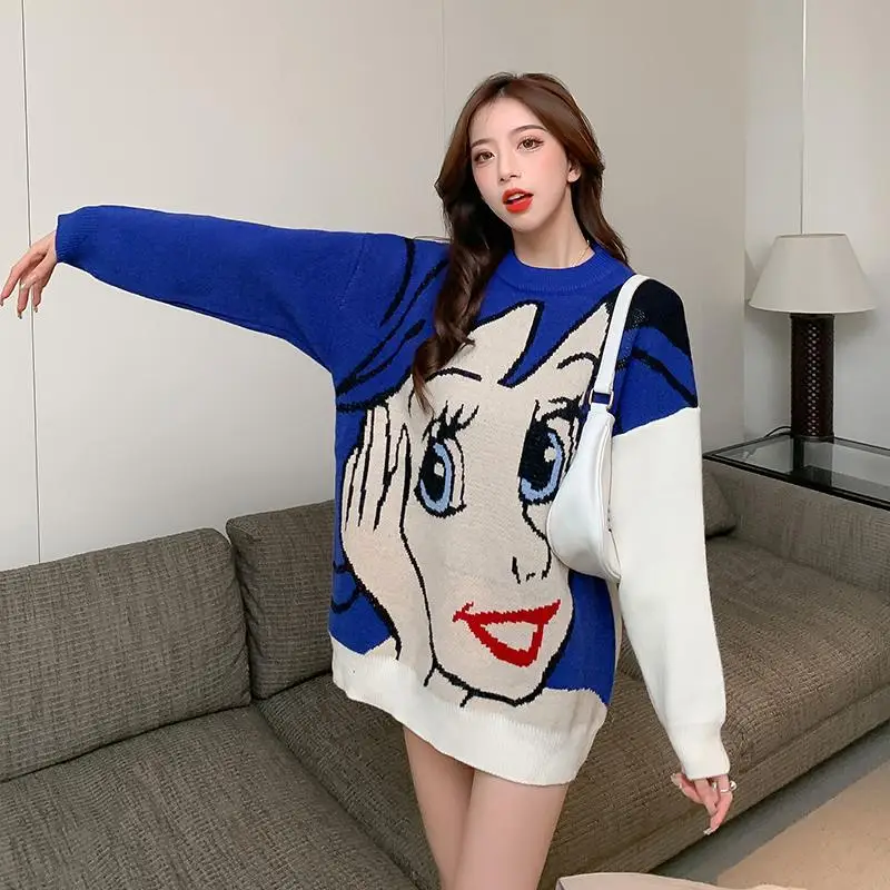 Korobov Womens Clothing Korean Fashion Sweaters Sweet Cartoon O Neck Knitwears Sueter Mujer Vintage Preppy Style Jumper Femme