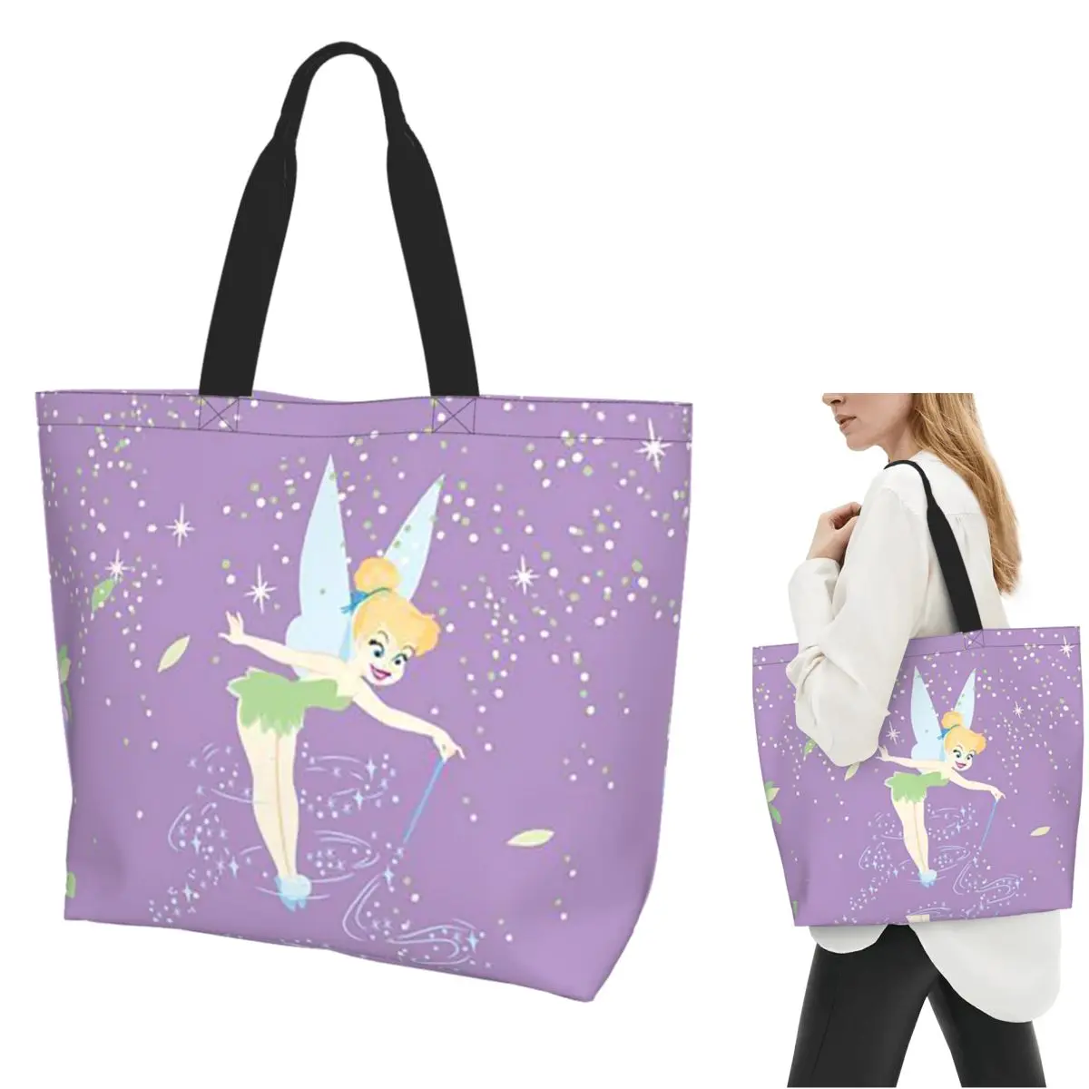 

Сумка-тоут для покупок Tinker Bell Wings с бантом Питера Пэна, парусиновая сумка на плечо большой вместимости, продуктовая сумка-шоппер для женщин