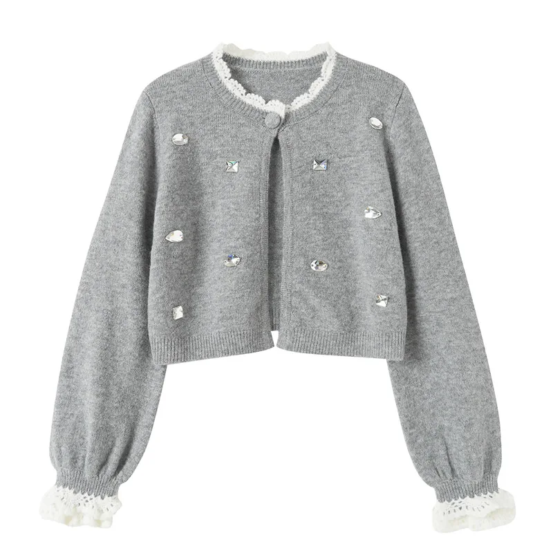 

Women Knitted Cotton cardigan O-Neck Flare Sleeve Beading cardigan