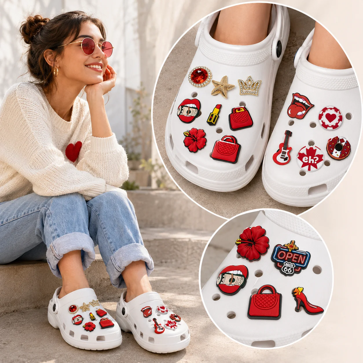 1-16-Piece Set of Trendy Red Shoe Charms for Girls, Metal Star High-Heel Charm for Shoe, Coffee-Colored Sandal Clog Buckle