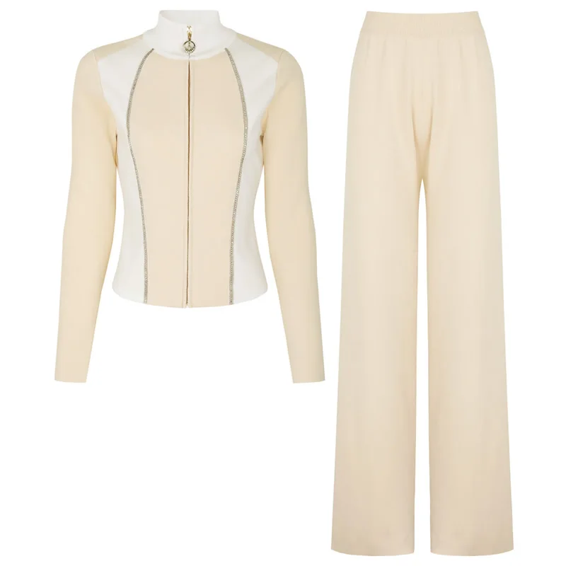 New Colorblock Women Zipper Design Top And Knitted Cotton Trousers