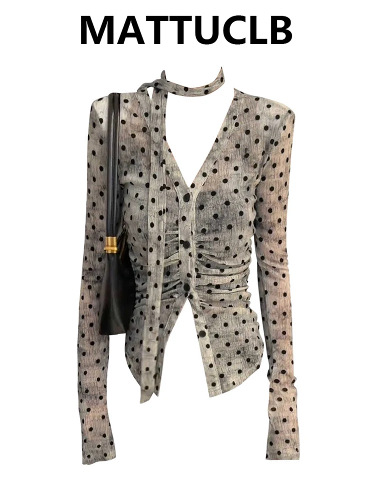 

Женский французский винтажный топ в горошек Gyaru Coquette с длинным рукавом и v-образным вырезом, футболки со старыми деньгами, дизайн, корейская мода, элегантный