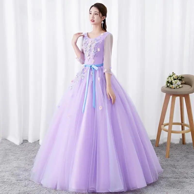 

New Purple Quinceanera Dresses Scoop Neck Illusion Half Sleeves Tulle Ball Gown Sweet Applique Long Vestido De Debutante