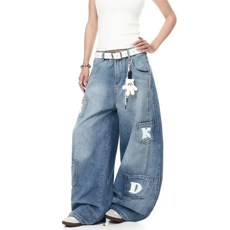 명품옷 카피  Disney American Retro Letter Print Mickey Washed Cargo Jeans Unisex Wide Leg Multi-Pocket Denim Pants Fashion Streetwear