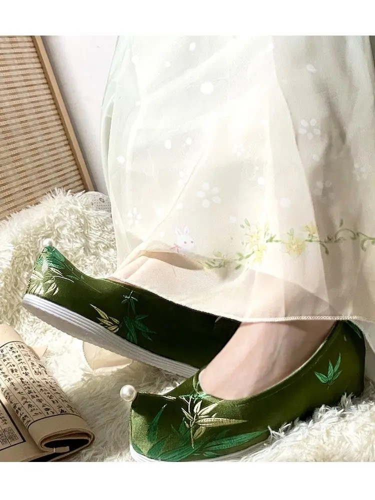 Chinese In Sthe New Dark Green Hanfu Shoes Brocade Green Costume Cloth Shoes Bamboo Daily Green Embroidery Hanfu Shoes