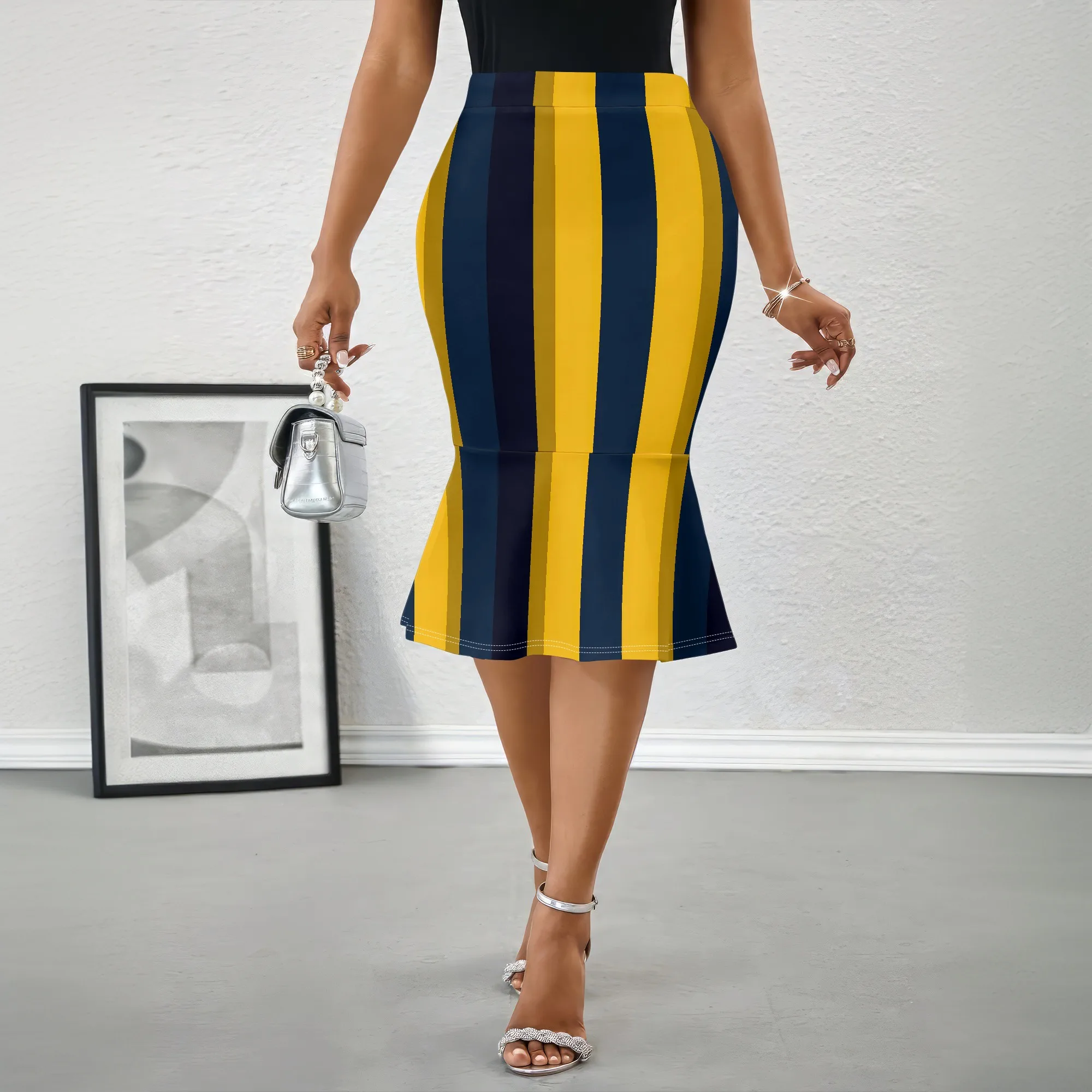 Striped, Pencil Skirt, Yellow Blue Pattern, High Waist Fit, Office Party Wear, S-2XL
