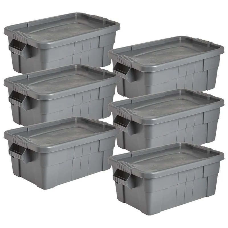 Tote Storage Bin with Lid, 14-Gallon, Gray, Garage/Basement Storage, Pack of 6