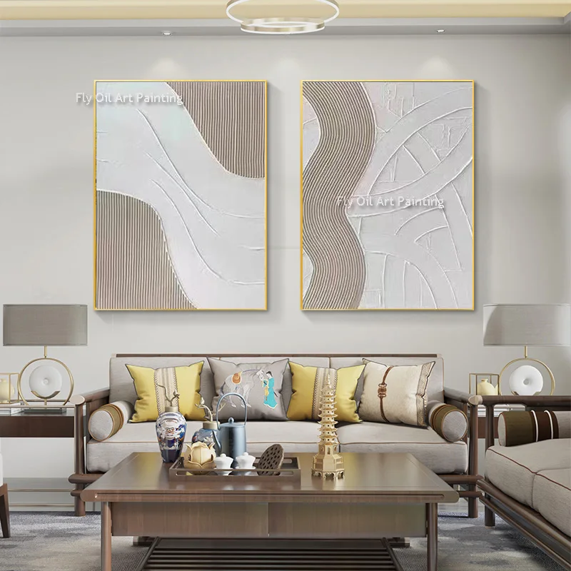 Beige White Curve Thick Canvas Artwork Handmade Beautiful Taupe Neutral Striped Abstract Oil Painting Diptych Wall Decor