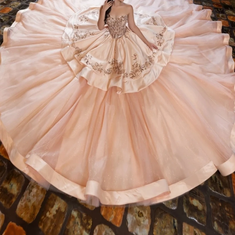 

Customized New Mexican Blush Quinceanera Dresses Ballgown Beads Applique Sweep Train Prom Birthday Party Dress Pageant Wedding